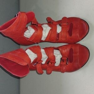 Surface to Air Anthropologie Red Leather Wedge Caged Buckle Sandals Size 37- 6.5